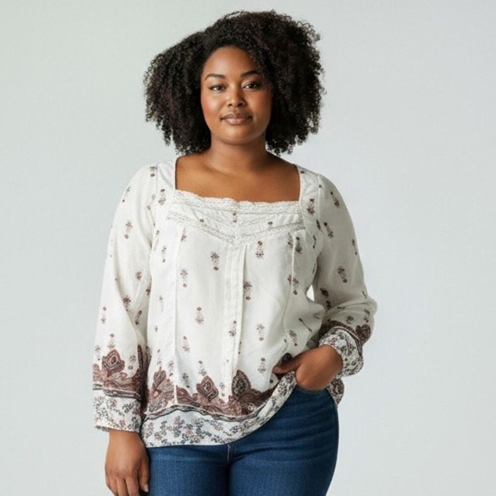 Riley + James Peasant Top Womens Size XL Multi Floral Boho Lace Trim Square Neck